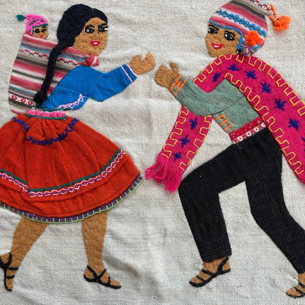 Chile/Peru Embroidered Weaving Textile Tapestry Man and Woman with Baby Dancing